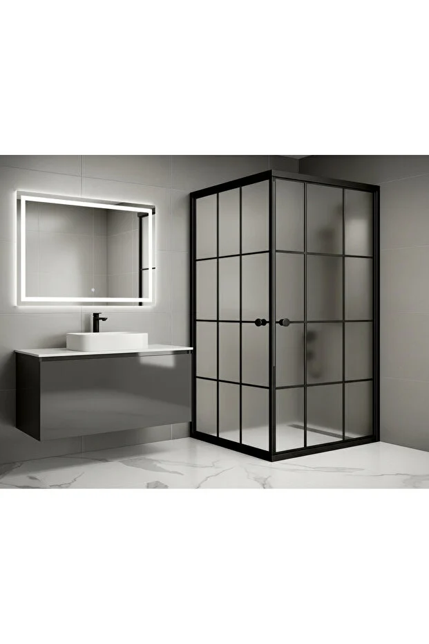 Duşakabin Kare Komple Buzlu Siyah Çizgi